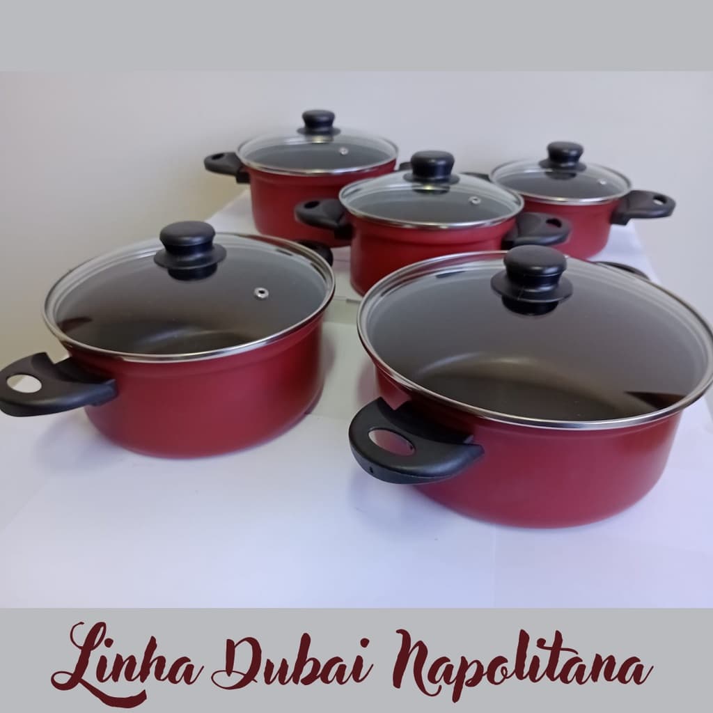 Jogo de Panelas 05 Peças - Dubai Napolitana - Panelas de Alumínio - Panelas Antiaderente - Panelas na cor Vermelha - Panelas na cor Preta