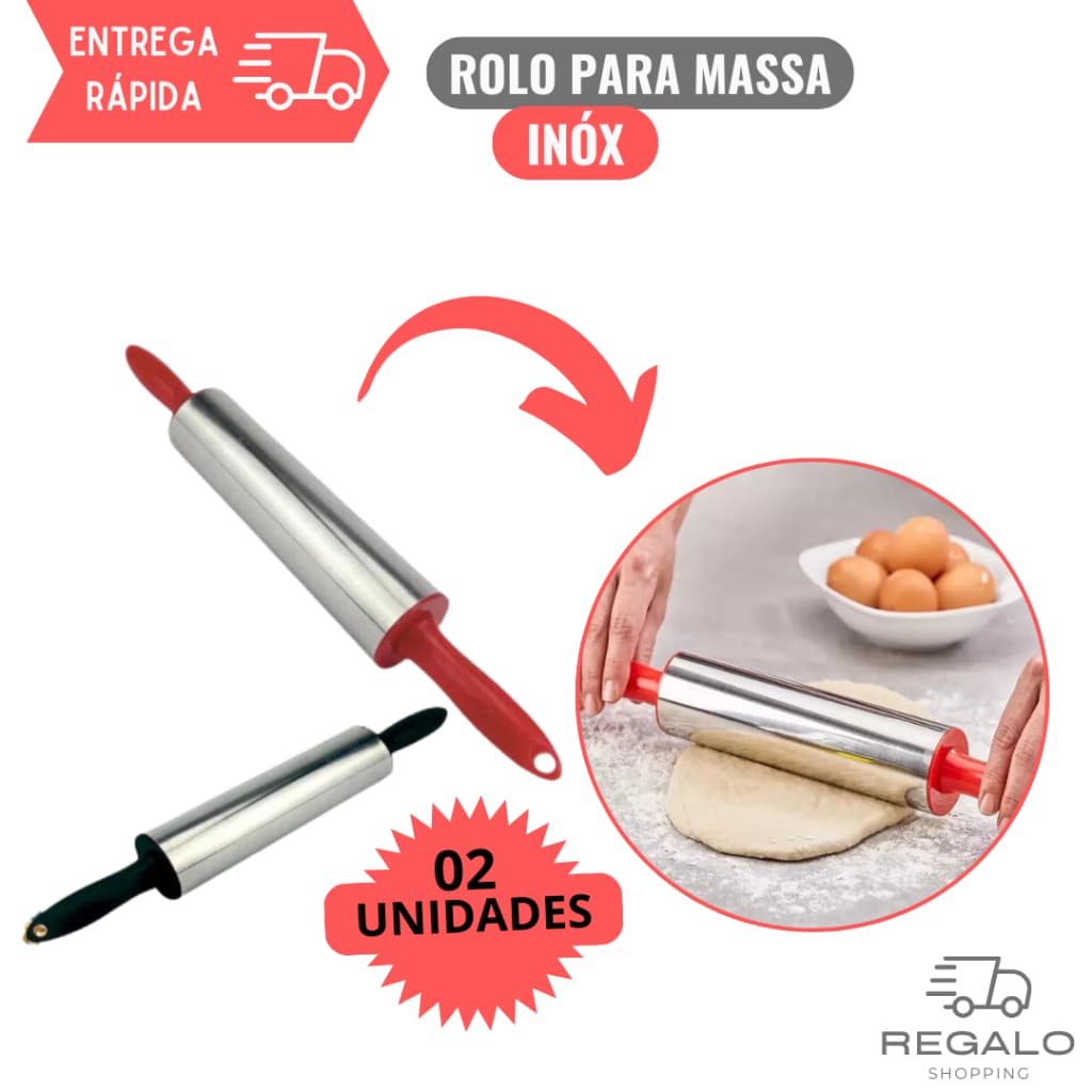 Kit 2 Rolos para massa pau de macarrão rolo Giratório Inox confeitar abrir massas rolo profissional