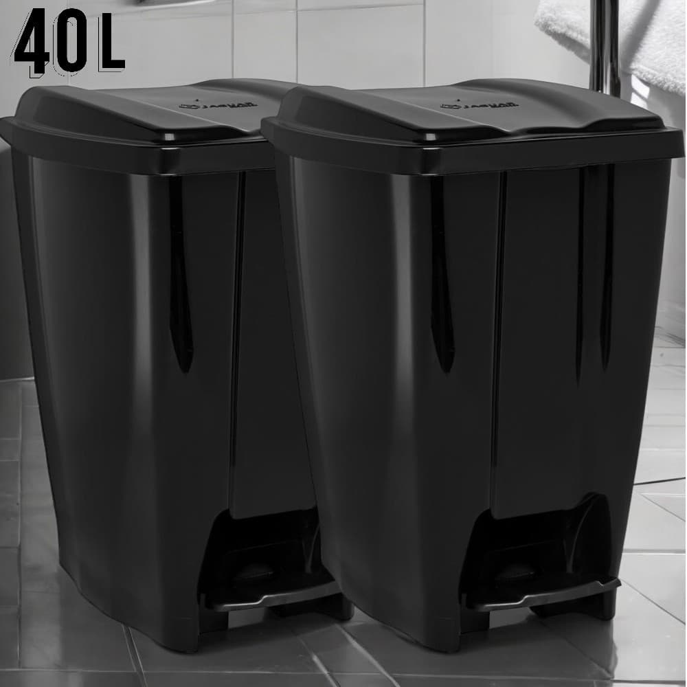 Lixeira com Pedal e Tampa Multiuso para Banheiro 40 Litros Kit 2 Lixeiras Cozinha de Plástico Lixeira Grande Resistente Design Exclusivo Preta