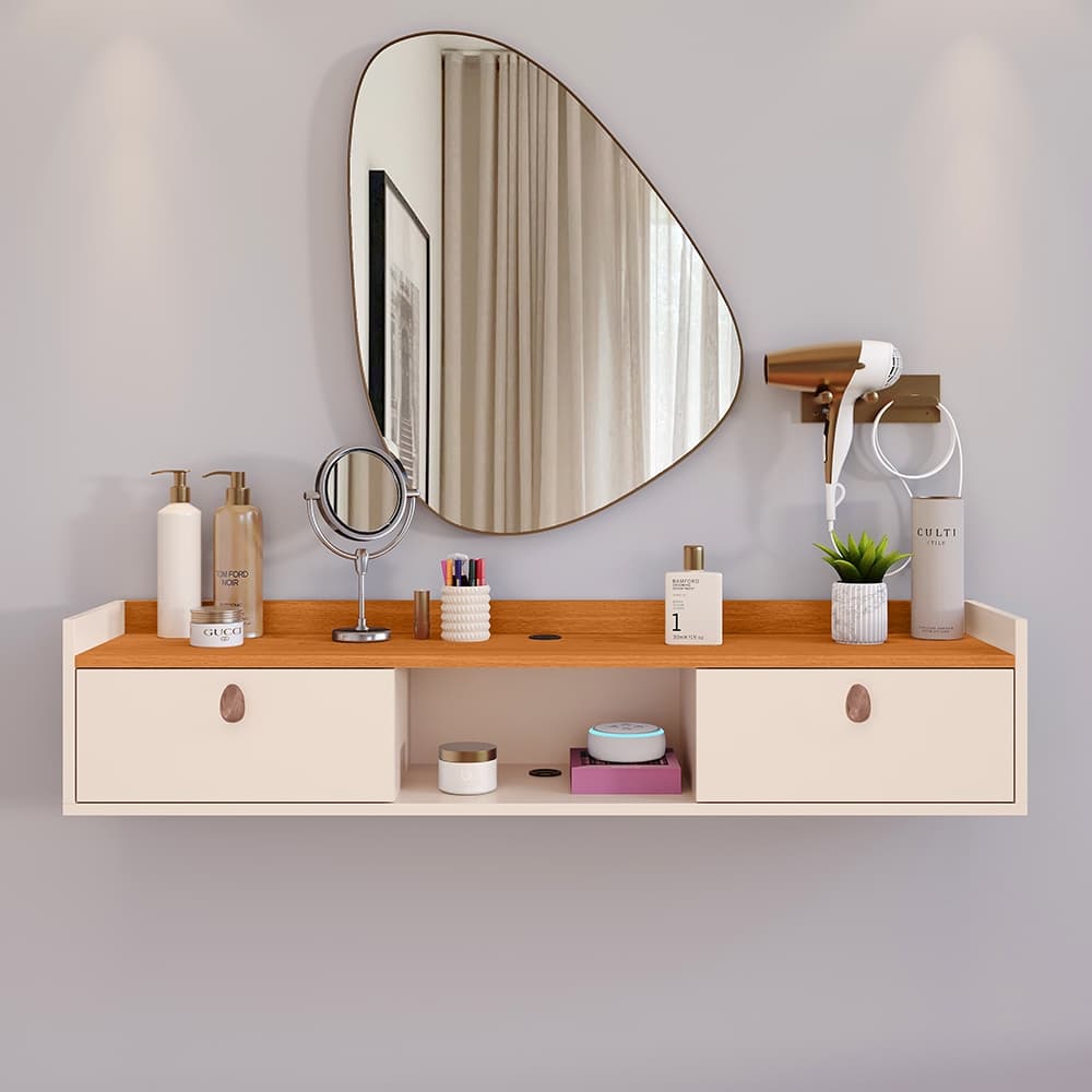 Bancada de Maquiagem Suspensa 90 cm VEGAS – 2 Portas + Nichos Organizadores – Para Quarto