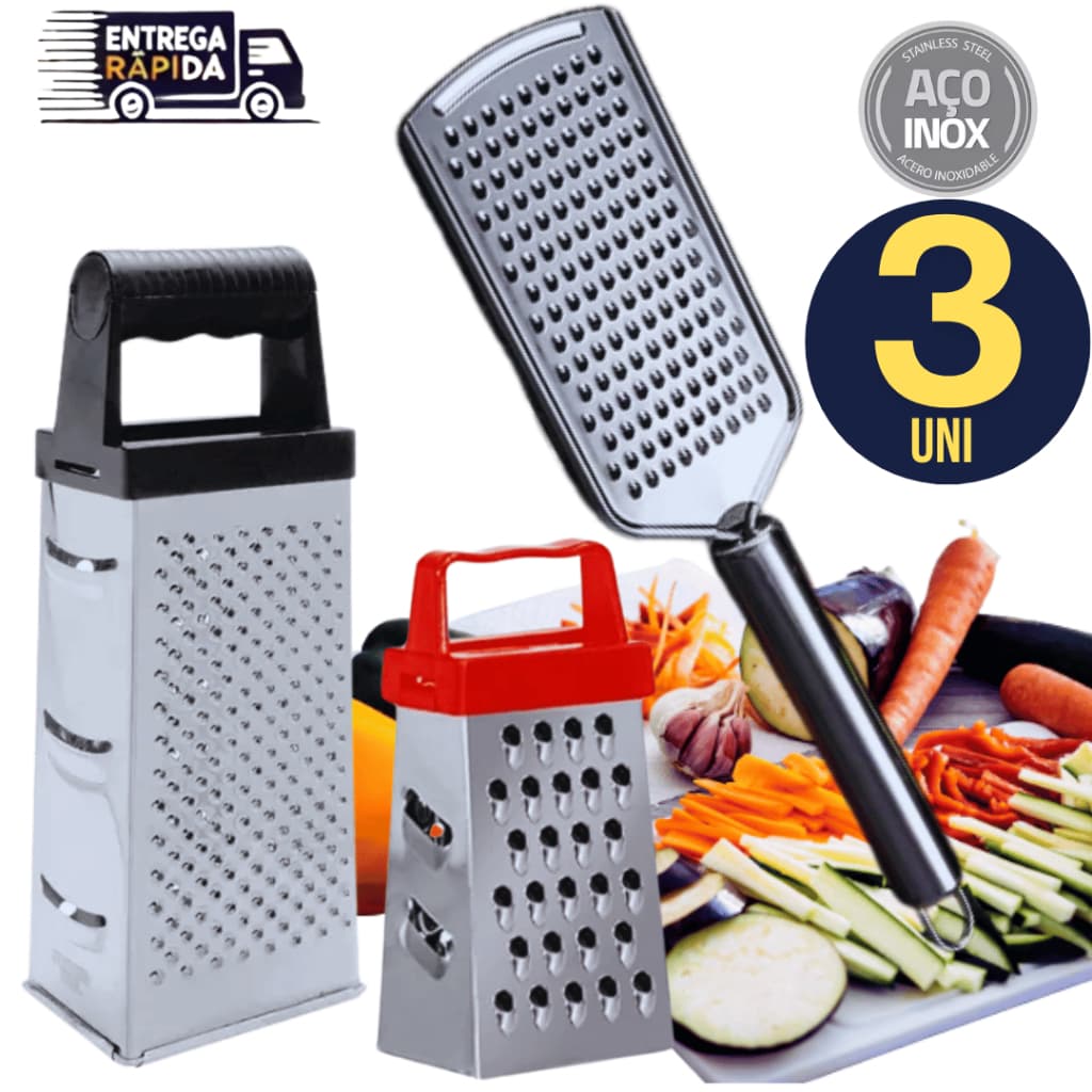 KIT 03 Unidades de Raladores Ralador - Ralador 24cm manual Inox Ralador 4 faces Mini Ralador Verduras Legumes Queijo
