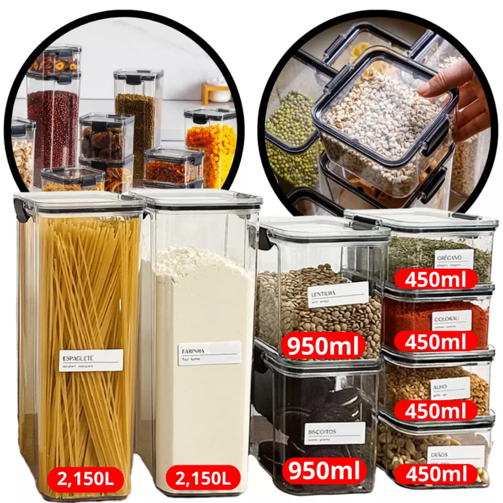 Kit 8 Potes Herméticos 2 Potes 2,15L + 2 Potes 950ml + 4 POTES 450ml Trava Reforçada 100% Vedado