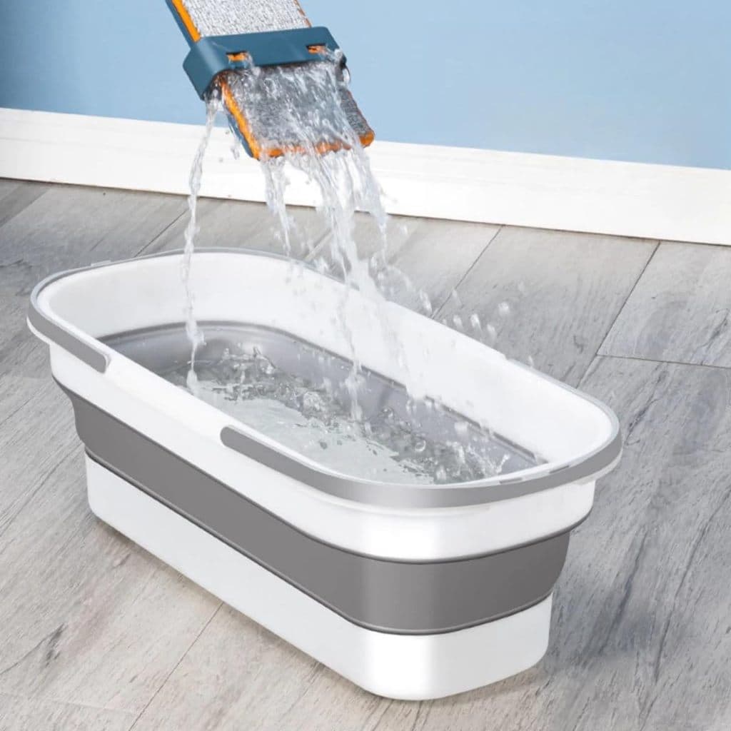 Balde Retrátil Dobrável Silicone Flexível Retangular Multiuso Rodinhas Bacia Concha Limpeza Rodo