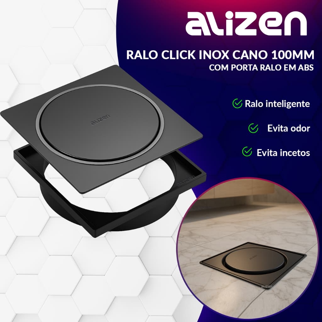 Ralo Banheiro Ralo Click Preto 10x10 Porta Grelha  Ralo Inteligente - Alizen