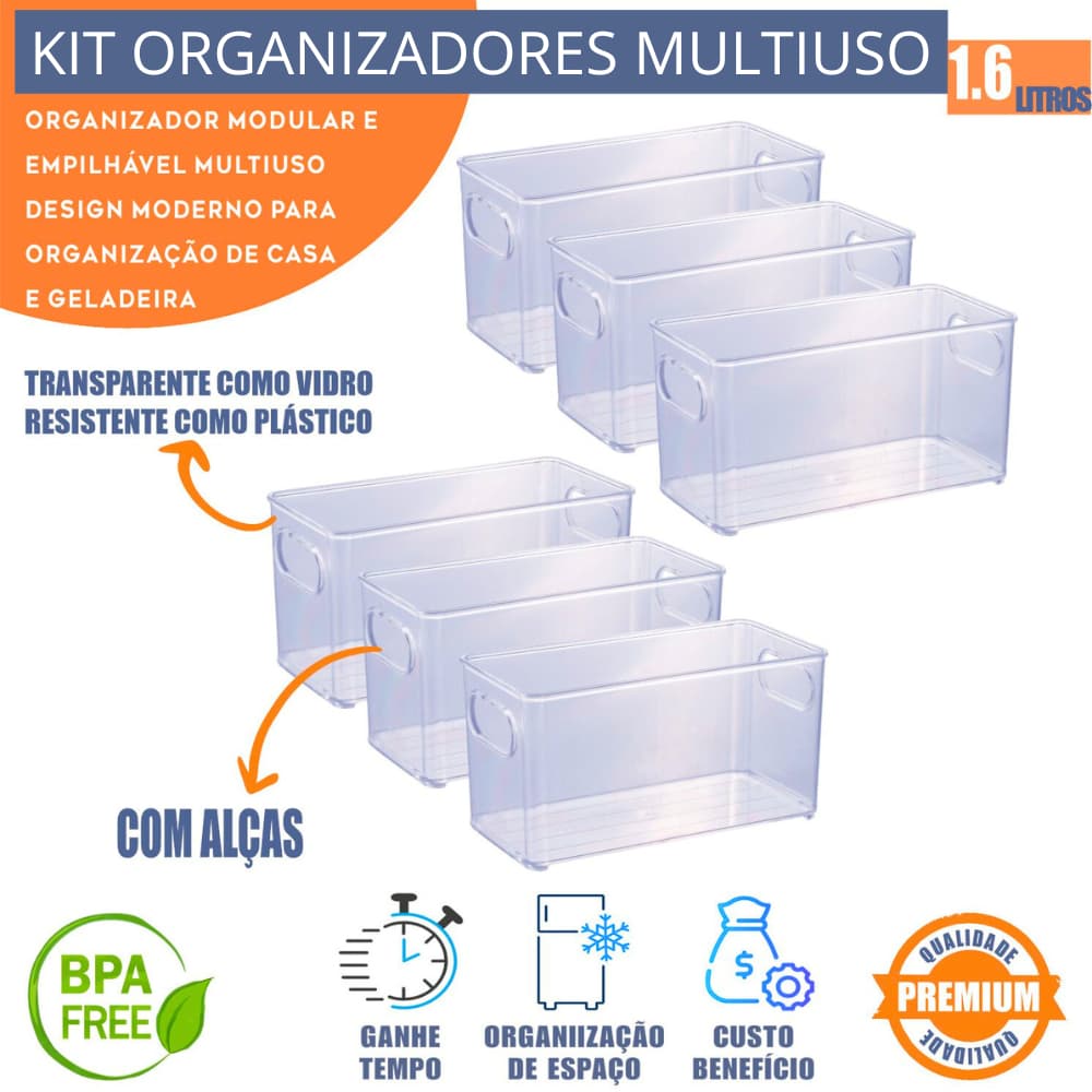 Kit Organizador De Geladeira Acrílico Multiuso Transparente Plasutil Gaveta Armário Cozinha Despensa
