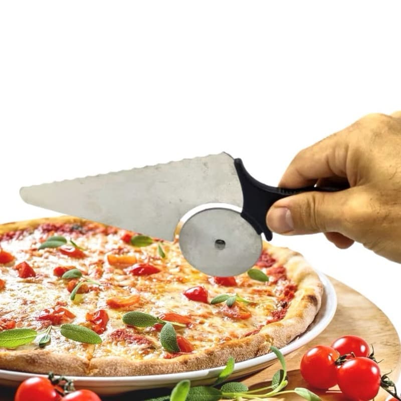 Cortador de Pizza e Pegador Lâmina Inox 2 em 1 Cortador e Espátula Lisa Cortar Massas Pastel Pizzas