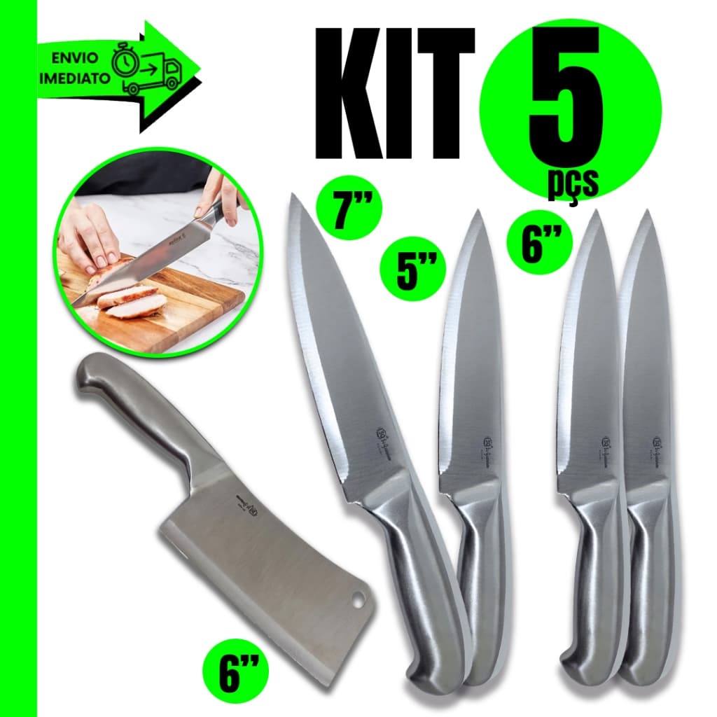 Kit 5 Peças Faca Profissional 2 Facas 6'' + 1 Faca 5'' e 1 Faca 7'' + Cutelo Texas 6'' Profissional tudo Em Aço Inox