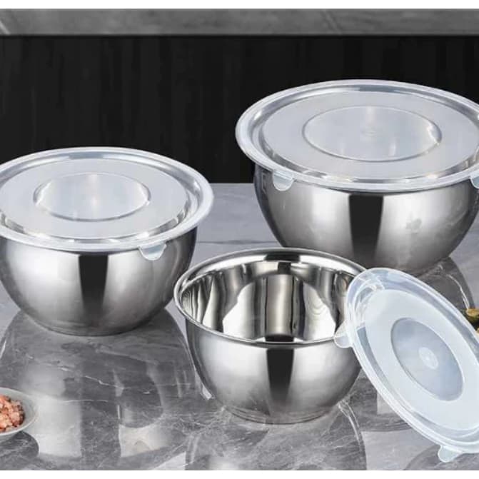 Conjunto 22/26/30CM de Bowls Tigelas de Inox com Tampa Plastica - bacia inox bowl inox