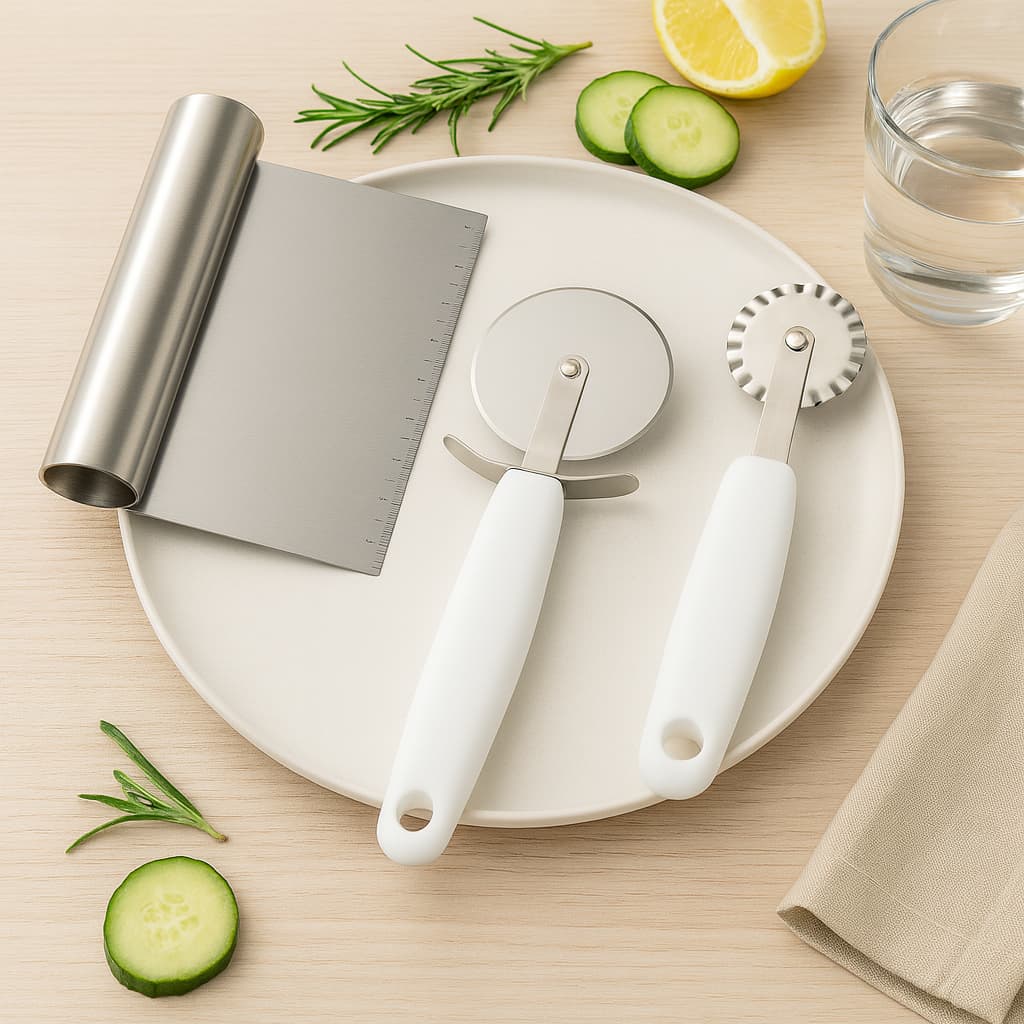 KIT Jogo 3 Peças Aço Inox. Cortador De Pastel, Cortador De Pizza, Espátula Cortador Manual De Massa
