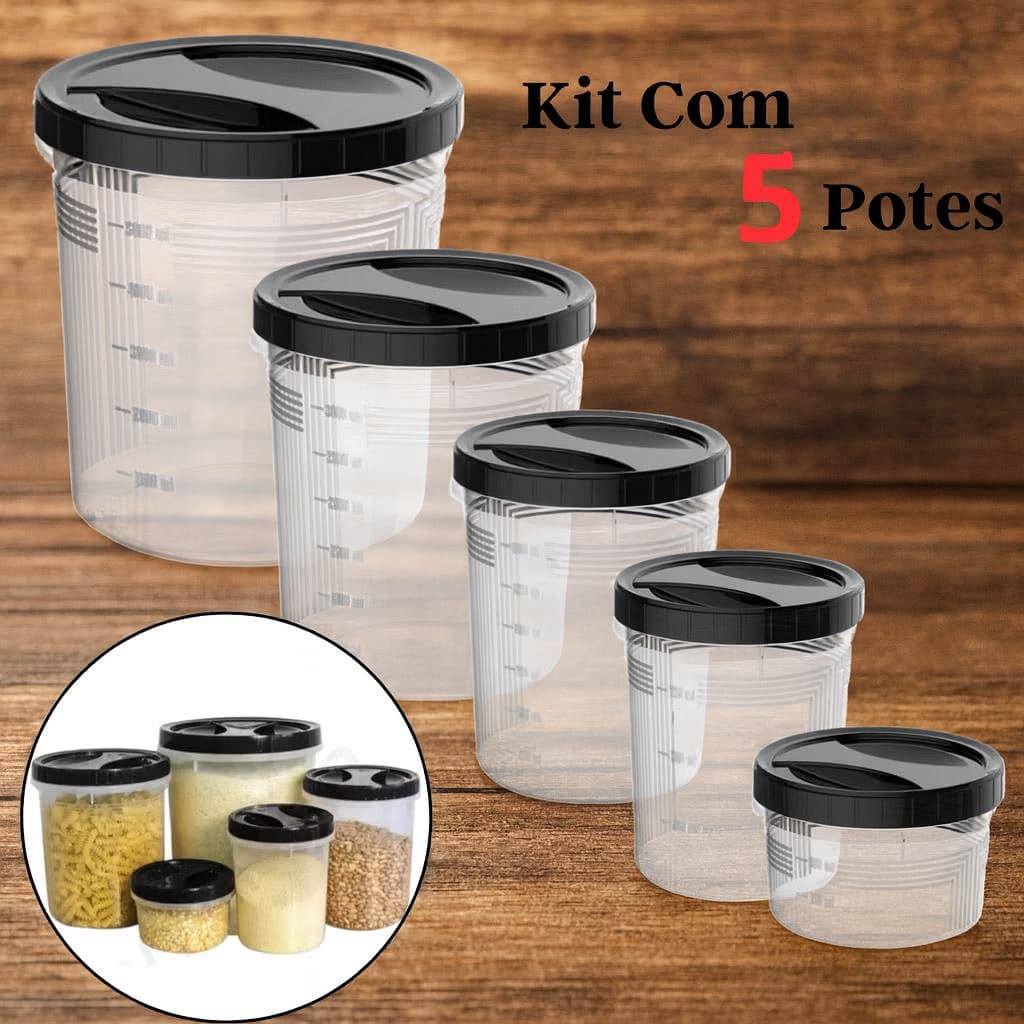Kit 5 Potes Para Mantimentos Organizadores 6L 3L 2L 1L 500ml Organização Cozinha Despensa