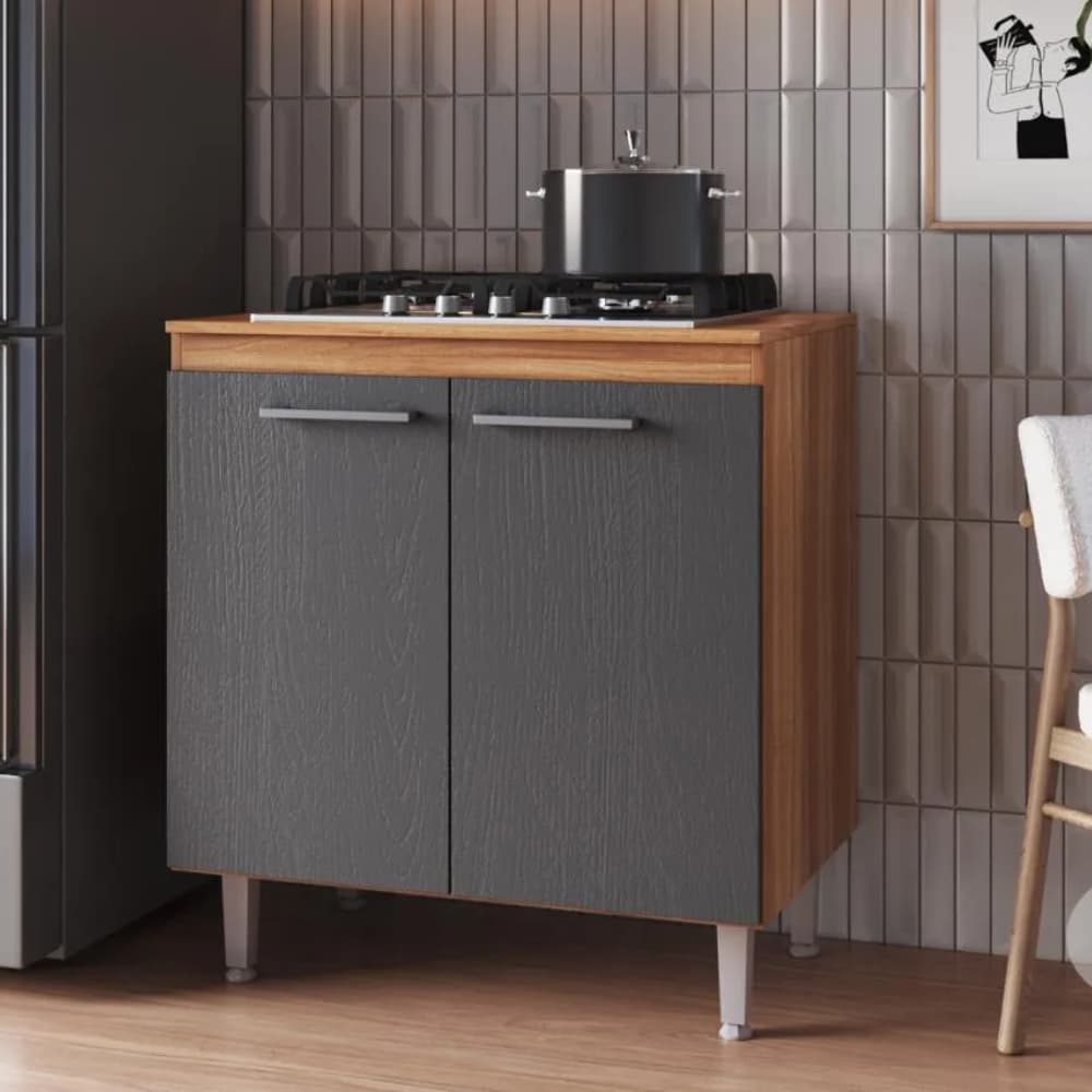 Balcão de Madeira Grafite + Fogão Cooktop 5 Bocas Chamalux - Acendimento Automático Eletrico Bivolt