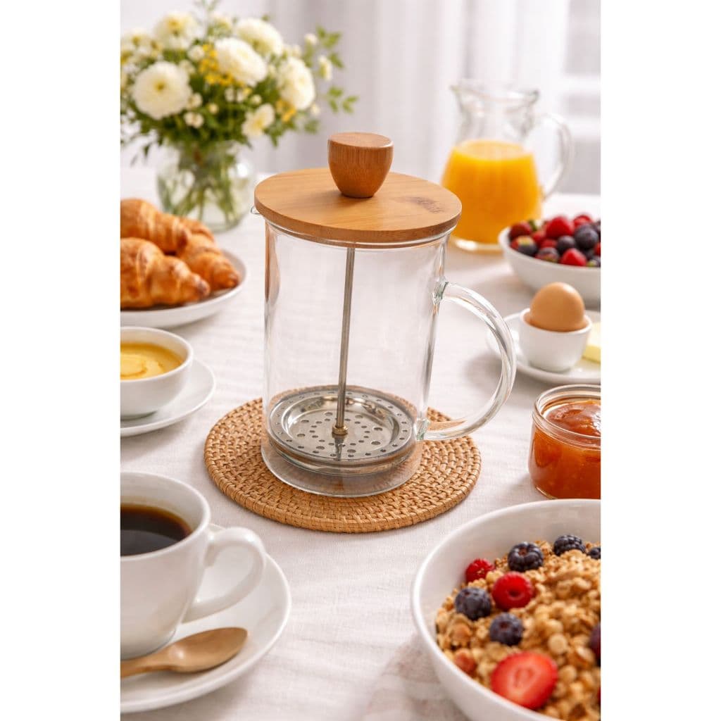 Prensa Francesa 600ml Tampa de Bambu Vidro Borrosilicato Cafeteira Francesa Jarra Café Chá Chocolate