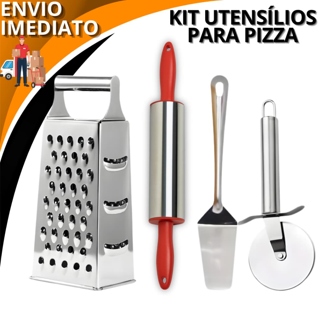 Utensílios Pizza Rolo Para Massa + Ralador Inox N°8 + Cortador De Pizza + Espátula Pizza Recife Linha Premium