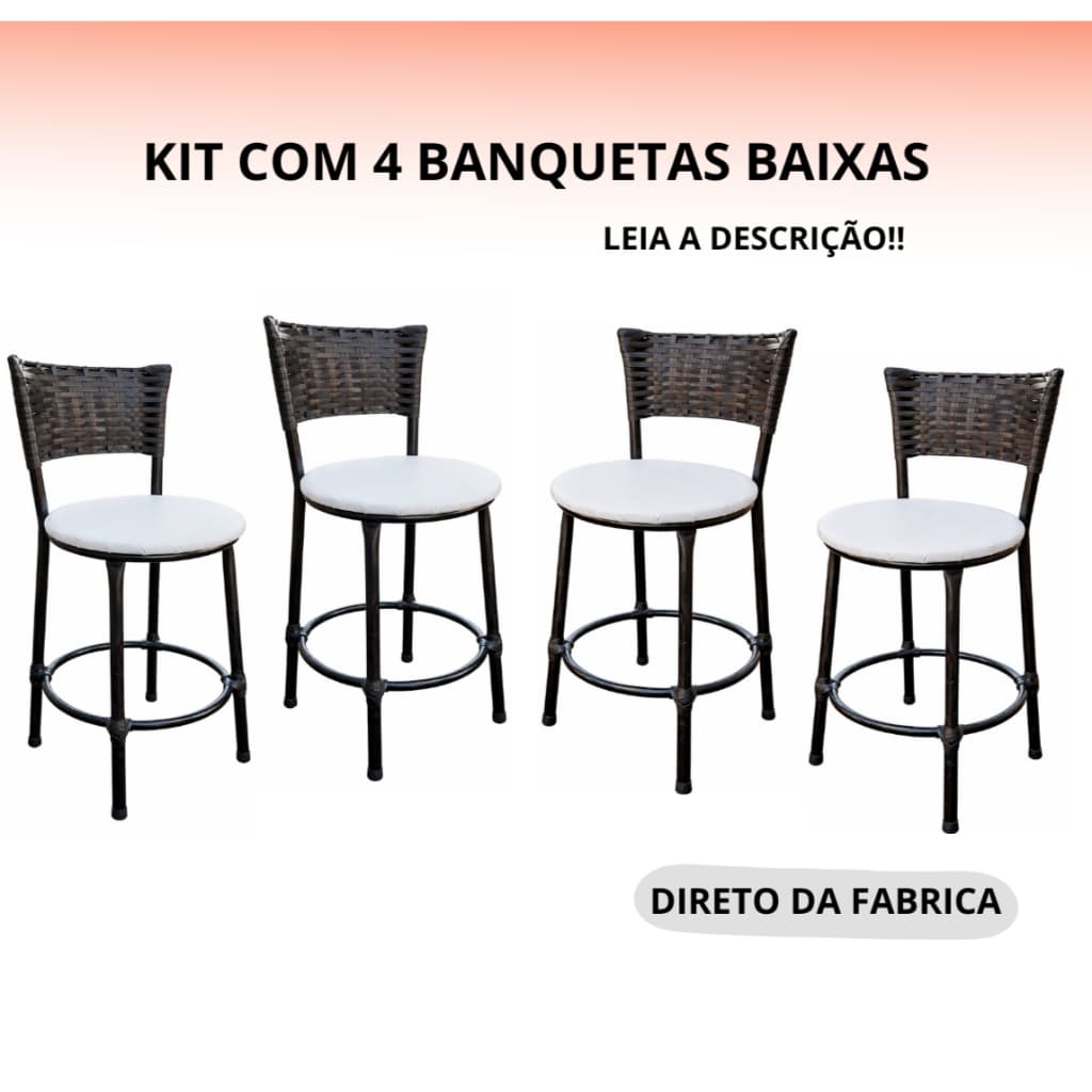 4 BANQUETAS BAIXAS ENCOSTO DE FIBRA SINTETICA JUNCO PRETO BANQUETA BAIXINHAS