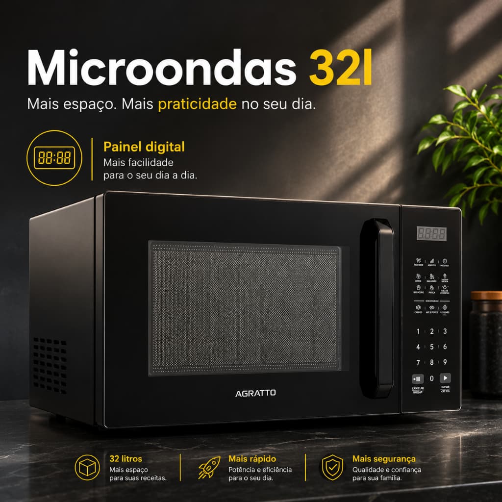 Microondas Preto 32L Microondas Painel Digital Forno Micro-ondas Agratto Moderna Premium 127V