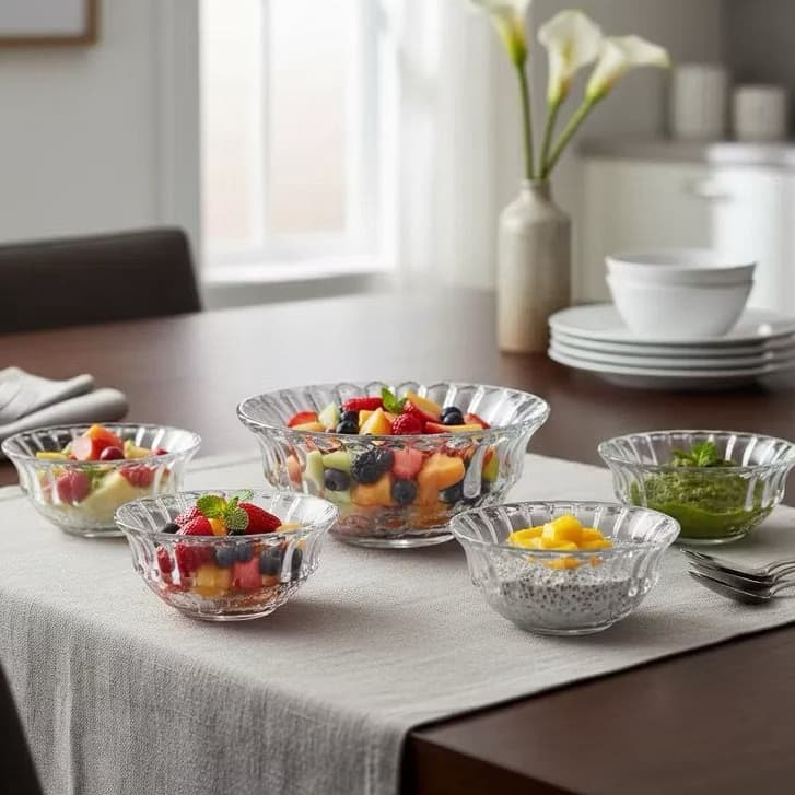 CONJUNTO DE 7 Peças BOWL KONIA de Vidro -1 Bowl 1.4 L , 6 Bowls 245 ml Saladeira Sobremesa Cozinha
