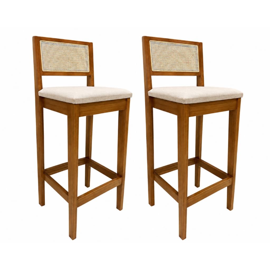 Kit 2 Banquetas Atlas Altas Linho com Encosto de tela tipo Palha Banqueta Cozinha Bancada Ilha Bar Elegante Confortável