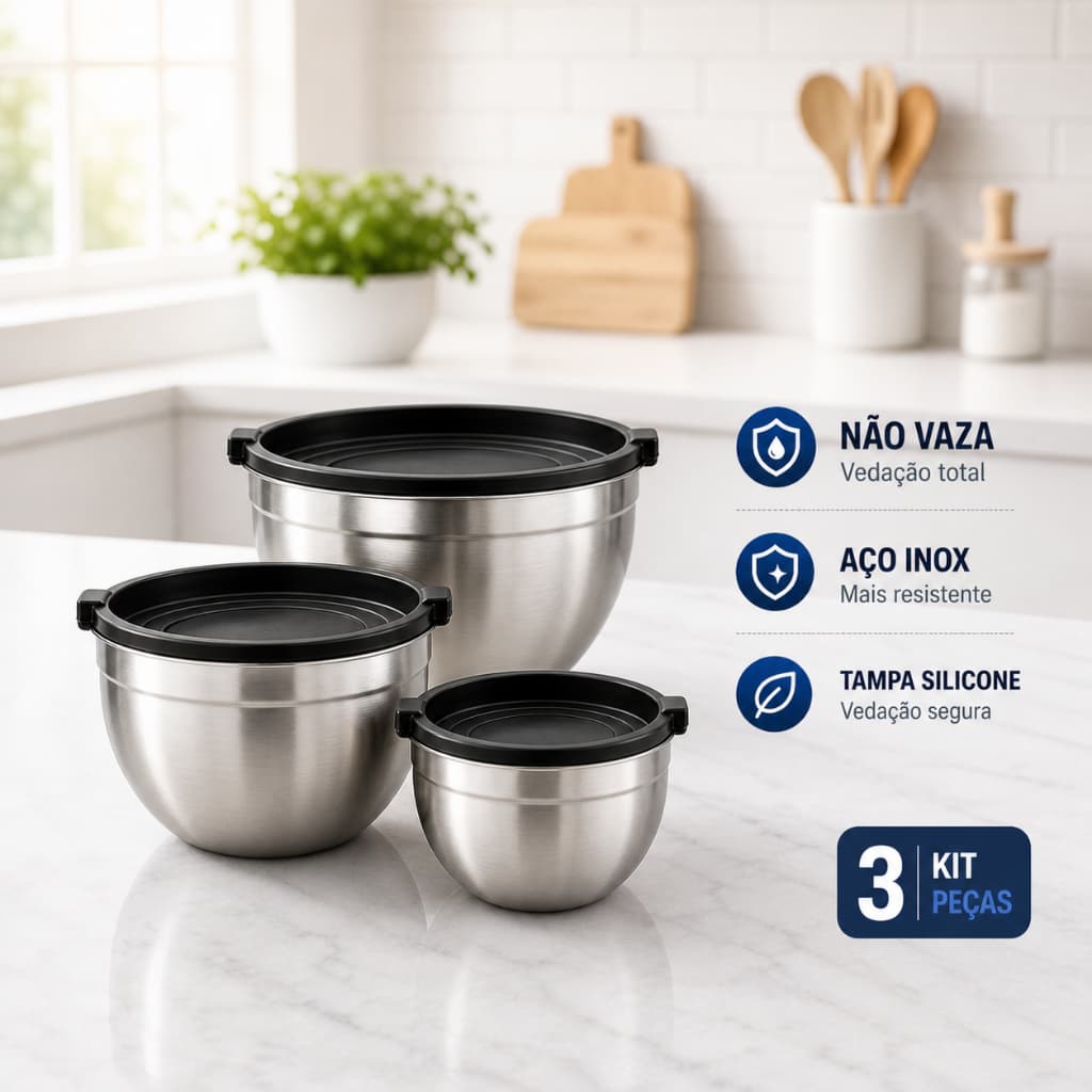Vittak Kit 3 Bowl Tigela Aço Inox Funda Multiuso Redonda Saladeira Confeitaria Bowls Vasilha Com Tampa