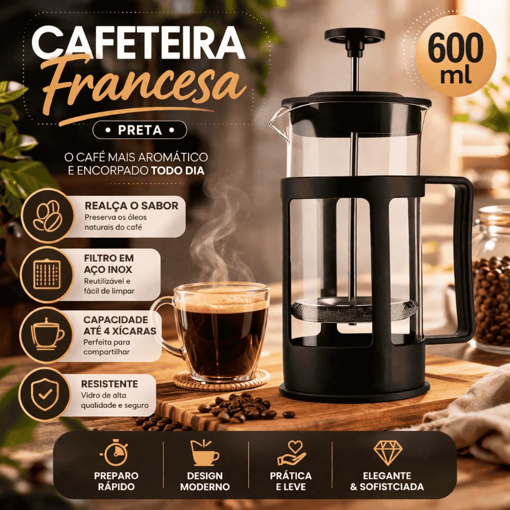 Cafeteira Francesa Prensa Francesa Brasileira Capacidade 600ml Preta Cafe Fresco Barista