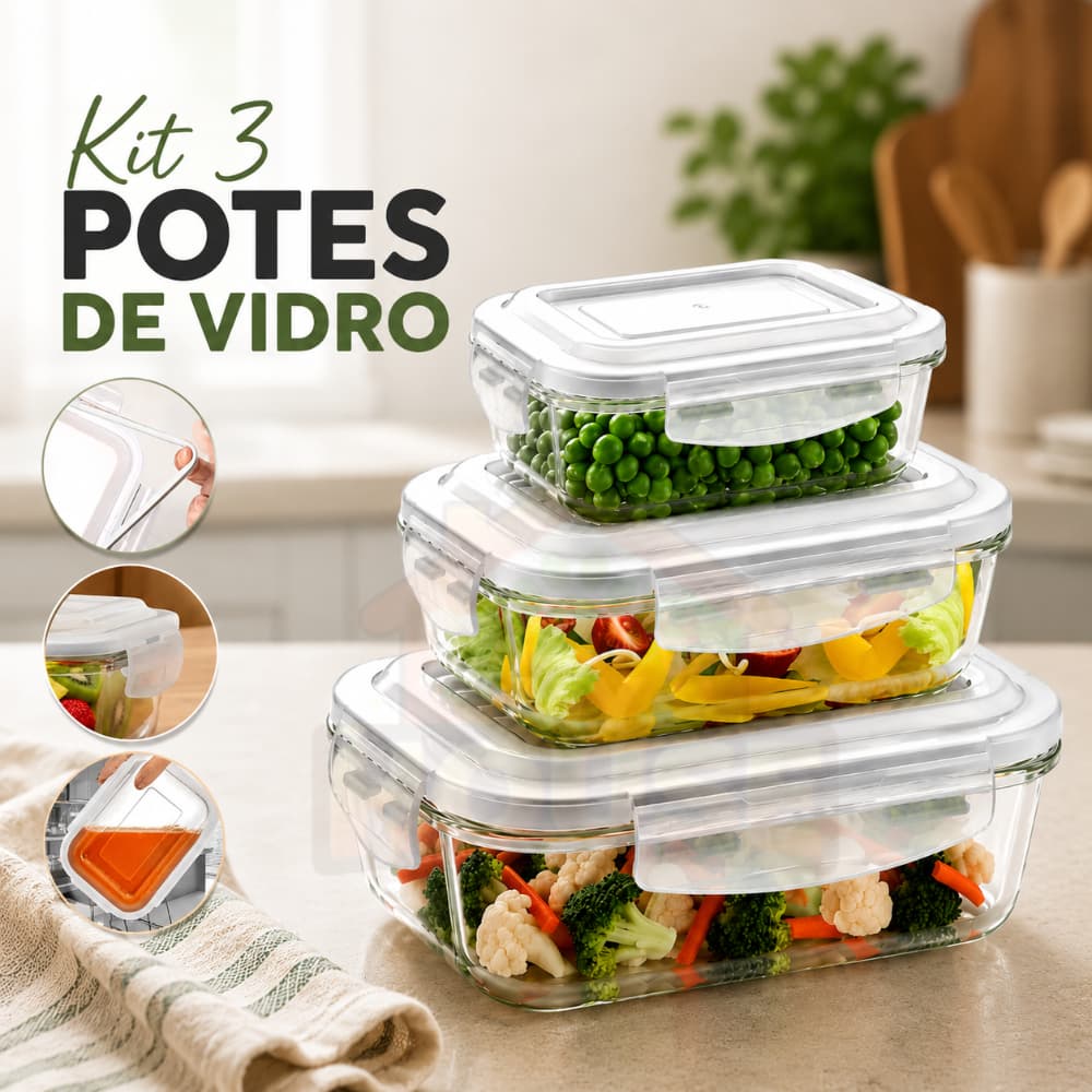 Conjunto 3 potes herméticos trava de 100% de vedação kit com 1 pote 1040ml 1 pote 640ml 1 pote 370ml