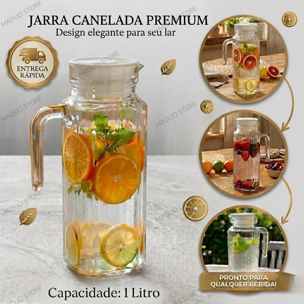 Jarra de Vidro 1 Litro com Tampa, Jarra de Suco, Jarra de Agua, Design Canelado - Envio Rápido