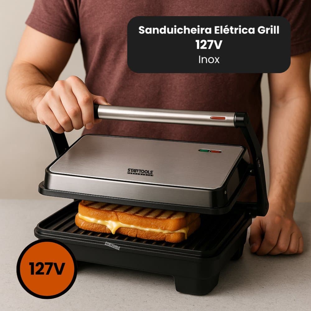 Sanduicheira Elétrica Grill 1000W 127V - Inox - 1 Sanduicheira Elétrica Grill 1000W 127V - Inox - 2 Sanduicheira Elétric