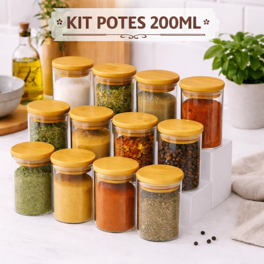 Kit Ate 10 Pote de Vidro com Tampa Bambu 200ML Potes Herméticos Porta Mantimento Hermético à Prova Odores