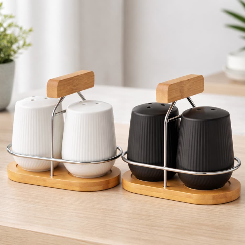 Jogo Saleiro de Cozinha Pimenteiro Paliteiro Cerâmica Bambu Porta Tempero Saleiro Porcelana Bambu