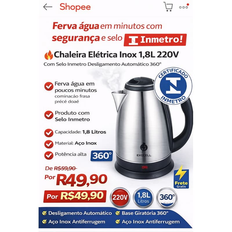 chaleira elétrica, jarra elétrica, chaleira inox, chaleira 220v, chaleira 1.8 litros, chaleira elétrica rápida,