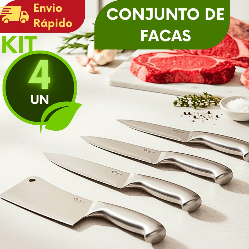Conjunto com 4 Facas - 1 Faca Cutelo 6", 1 Faca Peixeira 6", 1 Faca Peixeira 7" E 1 Faca Para Desossar Em Aço Inox