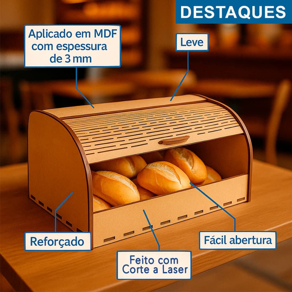 Cesto de Pão MDF Cru Decorativo Porta Pães Organizador Cozinha Café da Manhã Mesa Posta