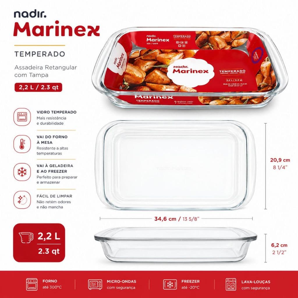 Assadeira de Vidro 1,8L 2,2L  Assadeira Nadir  Travessa de Vidro  Travessa para forno DIA DAS MÃES.