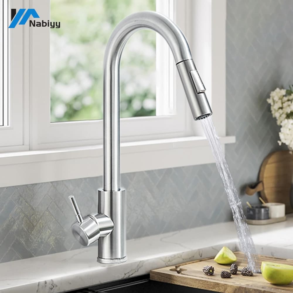 Torneira Cozinha Bancada Gourmet Extensível Misturador Inox Cor Ouro escovado Flexível Misturador