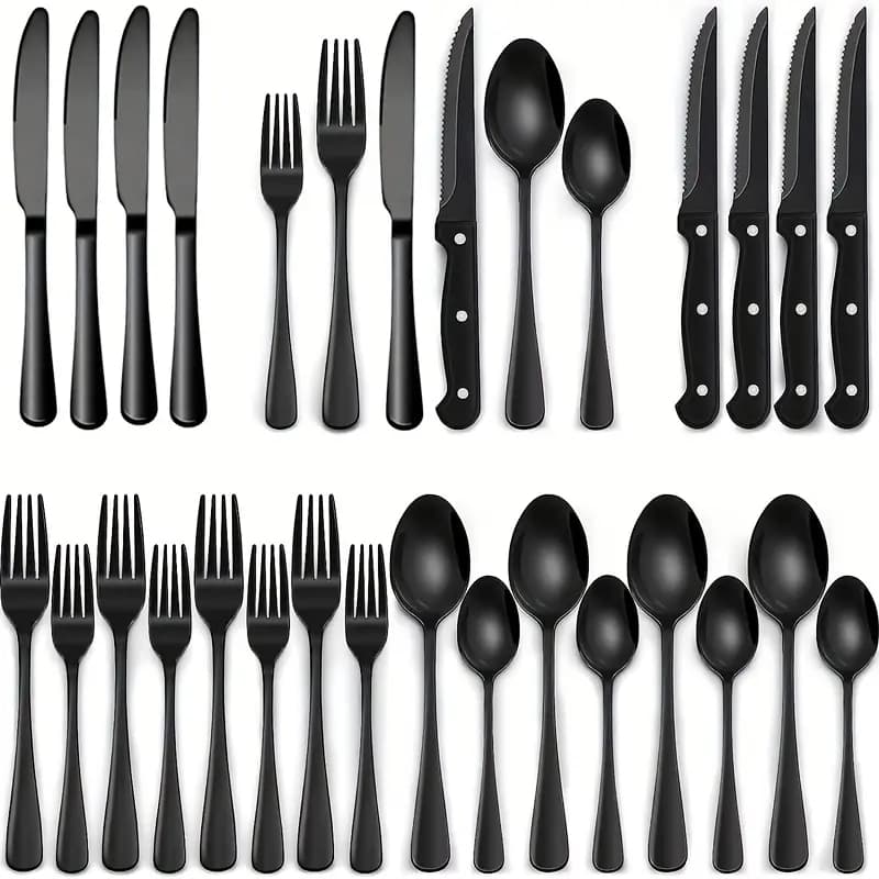 Conjunto de talheres pretos de 24 peças Conjunto de talheres de aço inoxidável Colher de talheres de bife