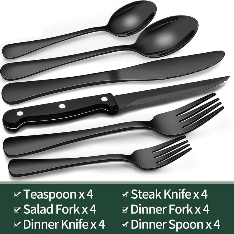 Conjunto de talheres pretos de 24 peças Conjunto de talheres de aço inoxidável Colher de talheres de bife