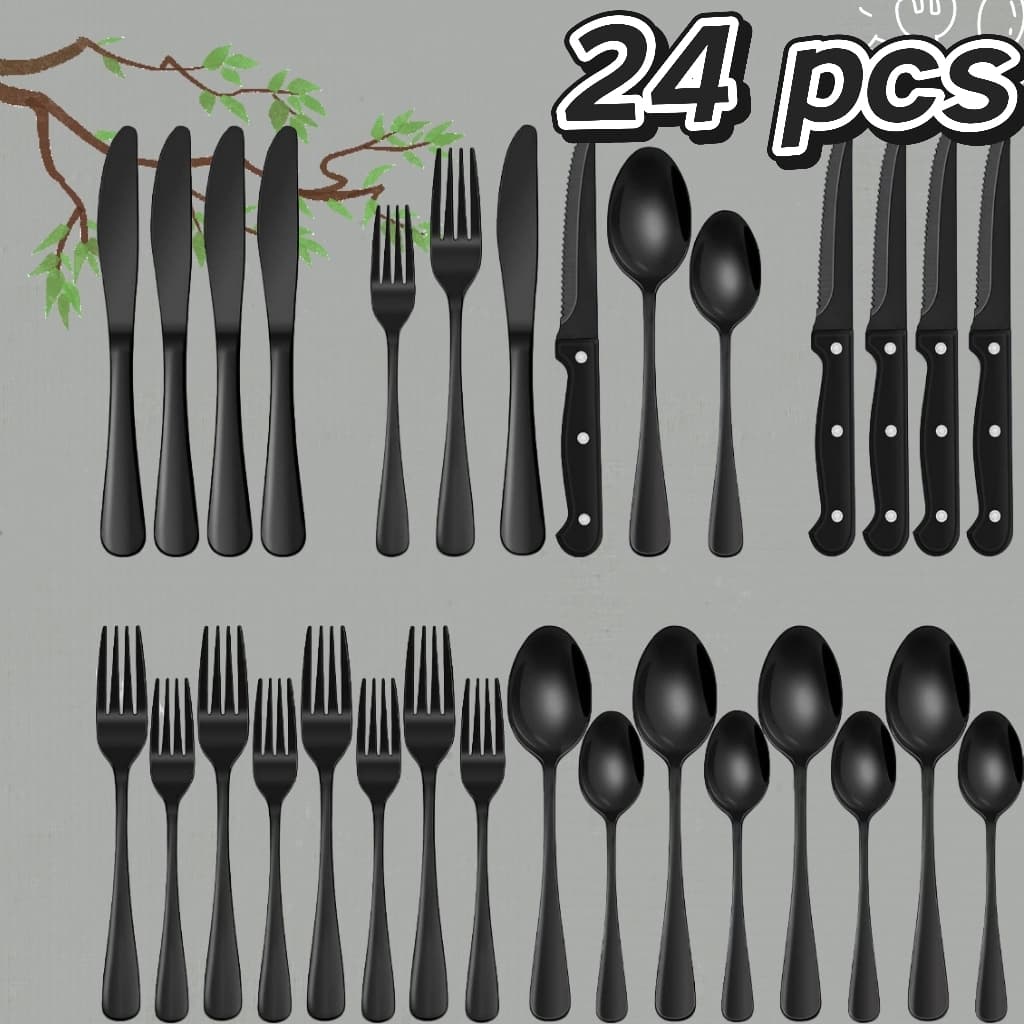 Conjunto de talheres de aço inoxidável preto com 24 peças, conjunto de talheres de qualidade alimentar, conjunto