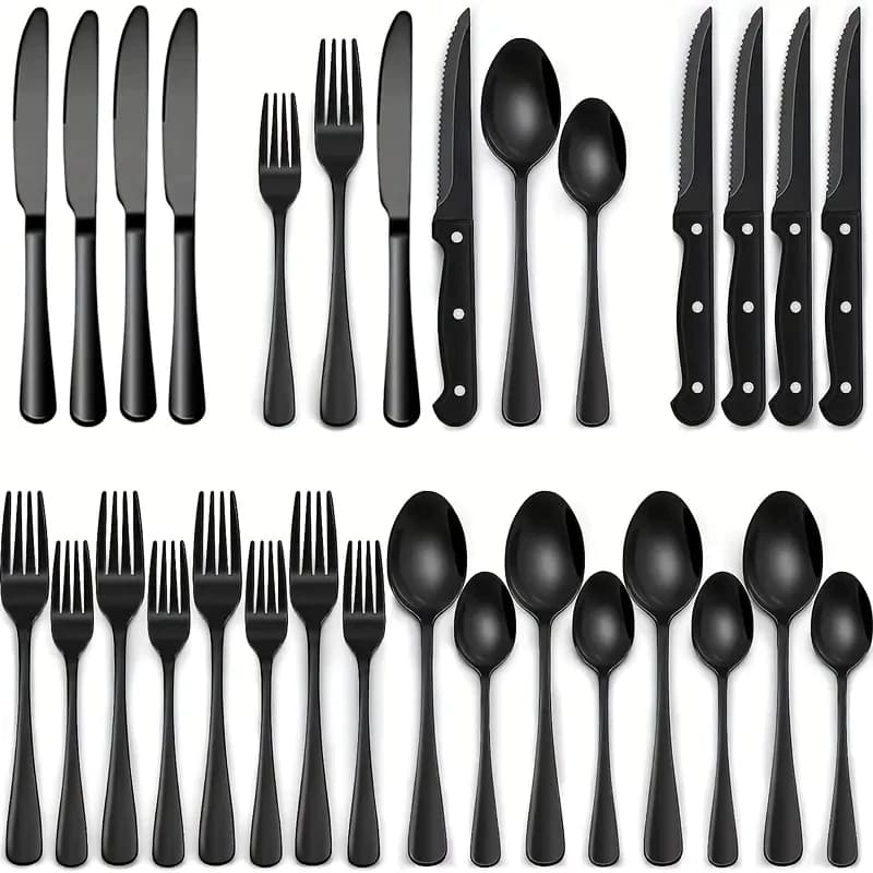 Conjunto De Talheres De Aço Inoxidável Preto Com 24 Peças, Conjunto De Talheres De Qualidade Alimentar, Conjunto