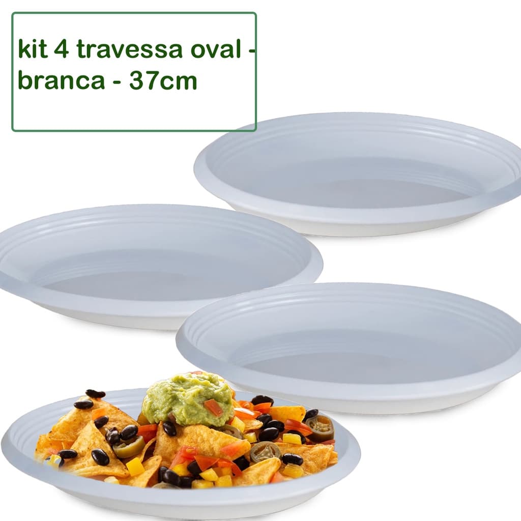 Kit 4 Travessa Saladeira Petisqueira Oval Le Chef Branca Plástico 37X21,5X4CMKit 4 Travessa Saladeir
