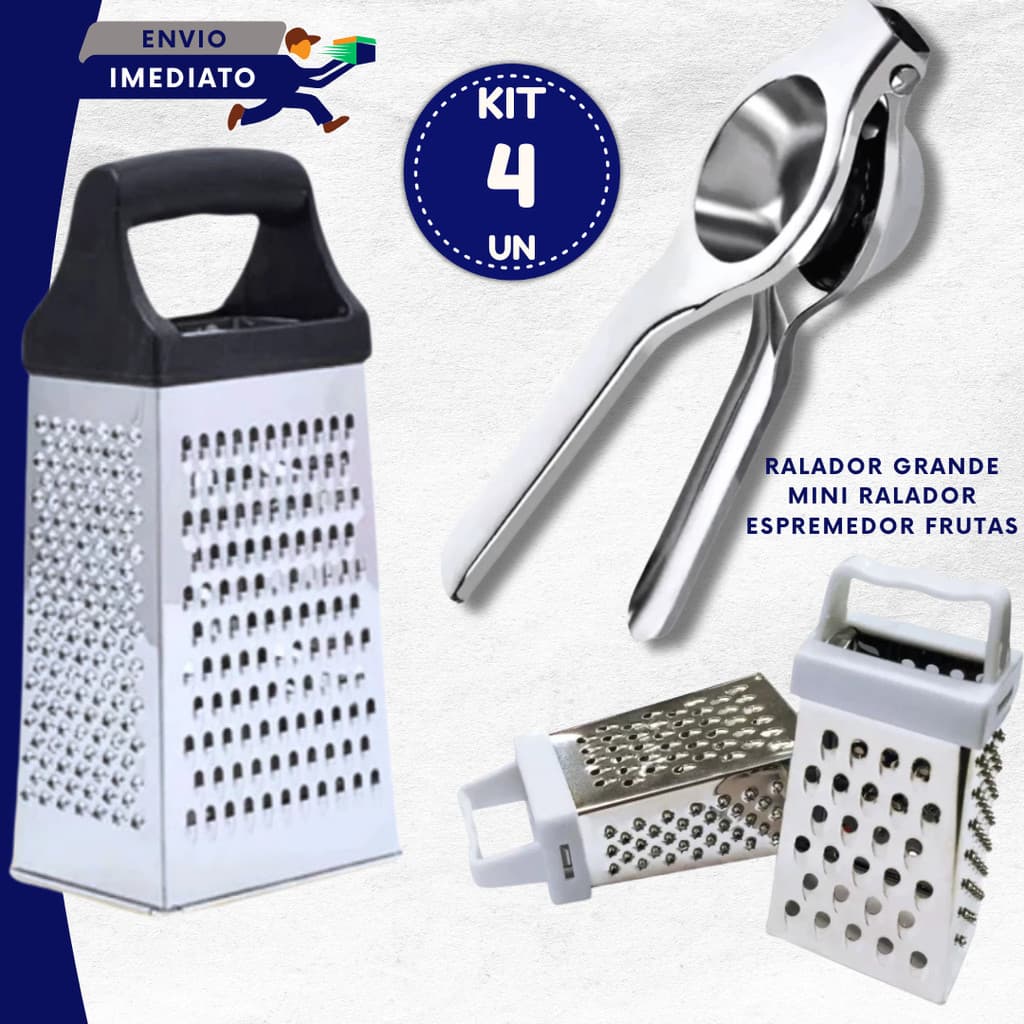Kit 03 Unid Ralador Espremedor de Limão Ralador de Legumes Mini Ralador Multifuncional 4 Faces Ralador 18cm Inox Premium