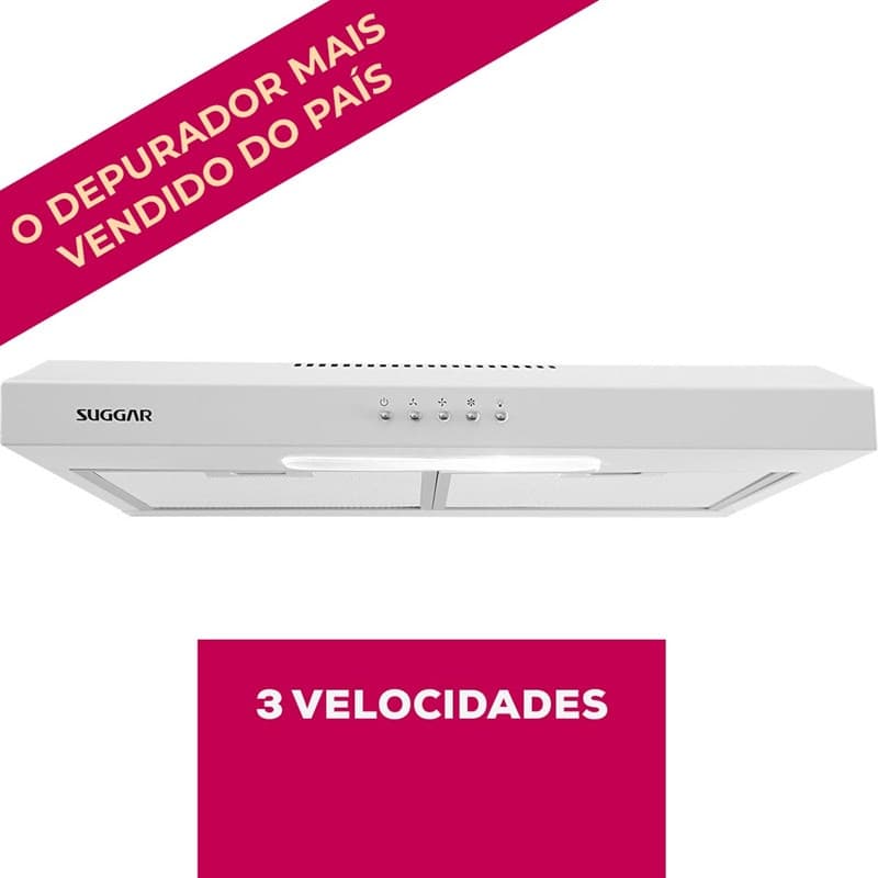 Depurador de Ar Suggar 60cm Slim Branco 3 Velocidades 430m³/h  Luminária Coifa e Depurador