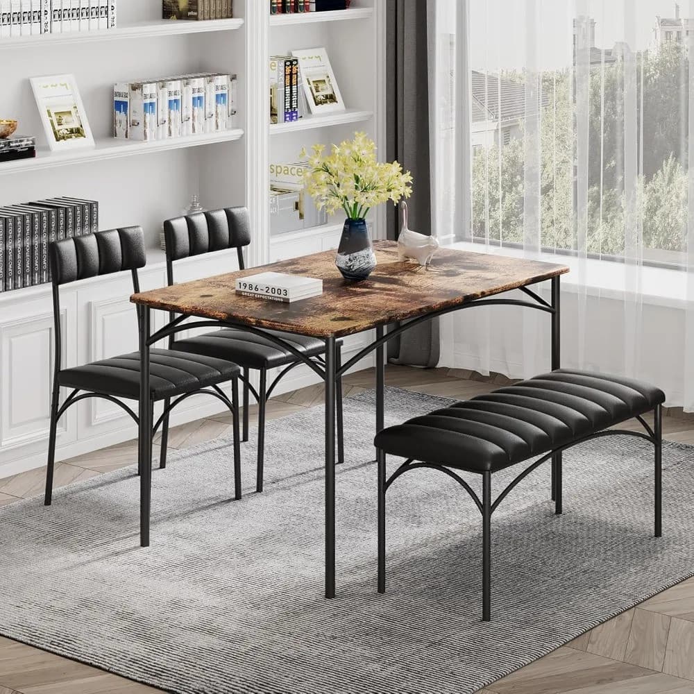 [NEW] Conjunto de Mesa de Jantar para 4, Mesa de Cozinha com Banco Estofado e 2 Cadeiras, Conjunto de Mesa e Cadeiras pa