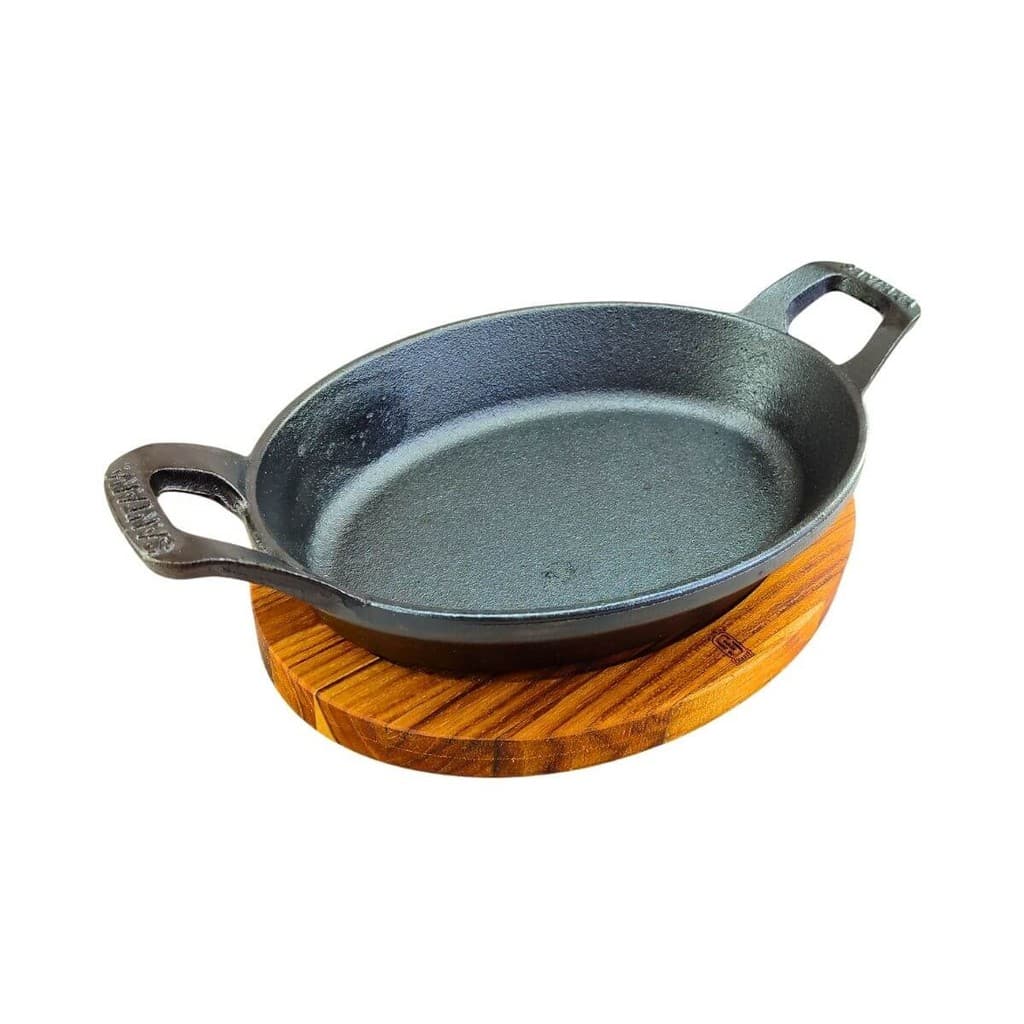Conjunto Assadeira de Ferro Fundido 1 Litro e Suporte de Madeira Travessa Oval Para Forno Servir