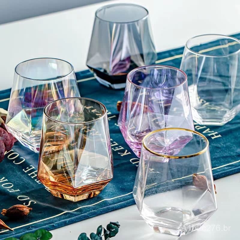 Copo de vidro moderno, copo hexagonal, copo em formato de diamante, copo hexagonal, copo para bebidas, copo colorido, co