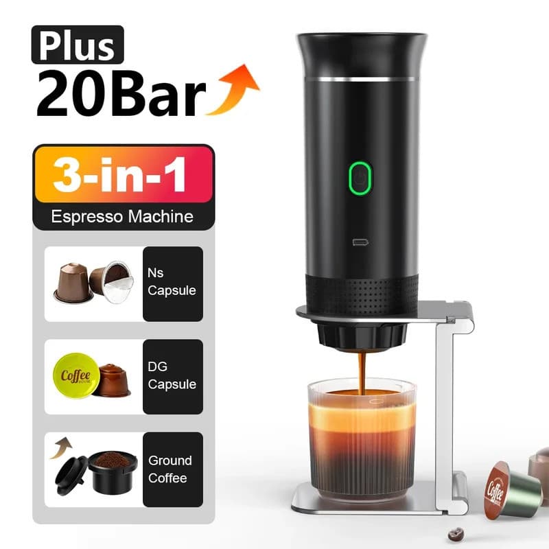 Máquina de Café Espresso Elétrica Portátil Sem Fio para Carro e Casa, Cafeteira 3 em 1 para Cápsulas e Pó, Cafeteira de 