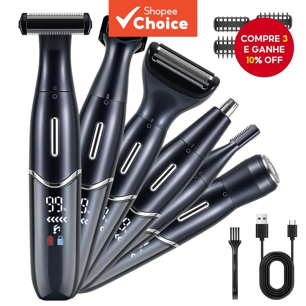  Aparador de Barba 6 em 1, Aparador de Pelos Recarregável, Aparador de Pelos Corporais Masculino, Aparador de Cabelo