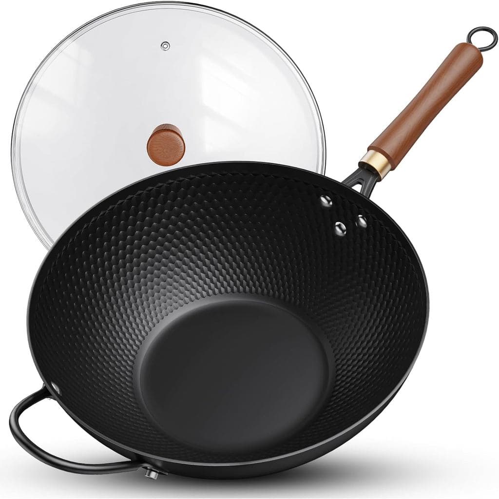 Wok Antiaderente Todlabe, Wok de Aço Carbono de 13 Polegadas com Tampa de Vidro, Woks e Panelas para Fritura para Fogões