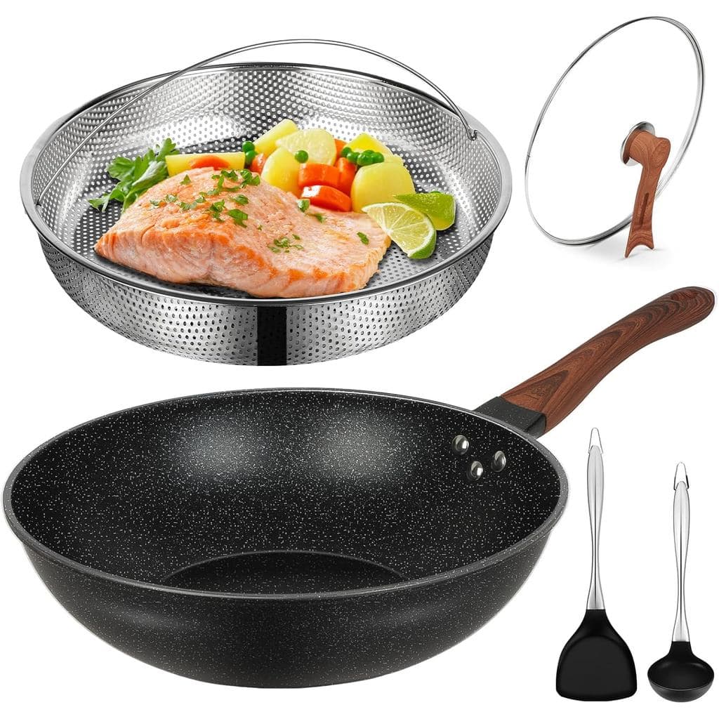 Wok Antiaderente AOSION de 13'', Woks e Panelas para Fritura, Wok Antiaderente com Tampa, Cesto para Cozinhar a Vapor, E