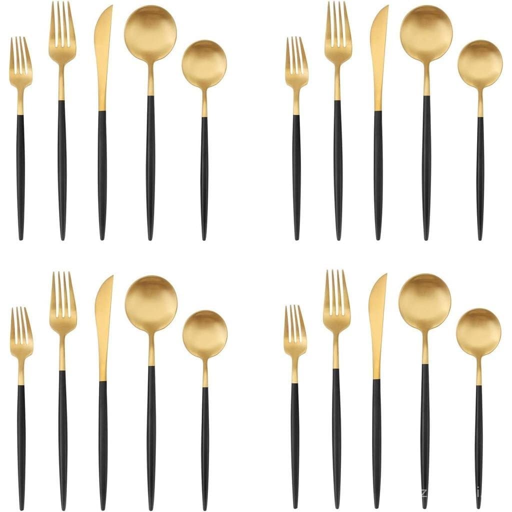 Conjunto de Talheres em Ouro Fosco com Cabo Preto, Conjunto de Talheres de Aço Inoxidável Bysta de 20 Peças, Conjunto de
