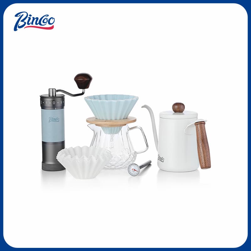 Bincoo moedor mão Brew café conjunto filtro papel moedor de café ferramenta conjunto completo azul cafeteira