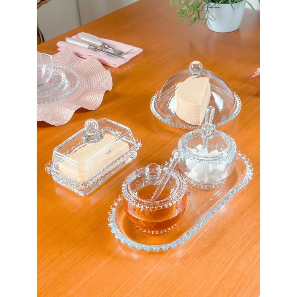 Kit Queijeira + Manteigueira + Açucareiro + Meleira + Travessa Pearl Wolff Transparente